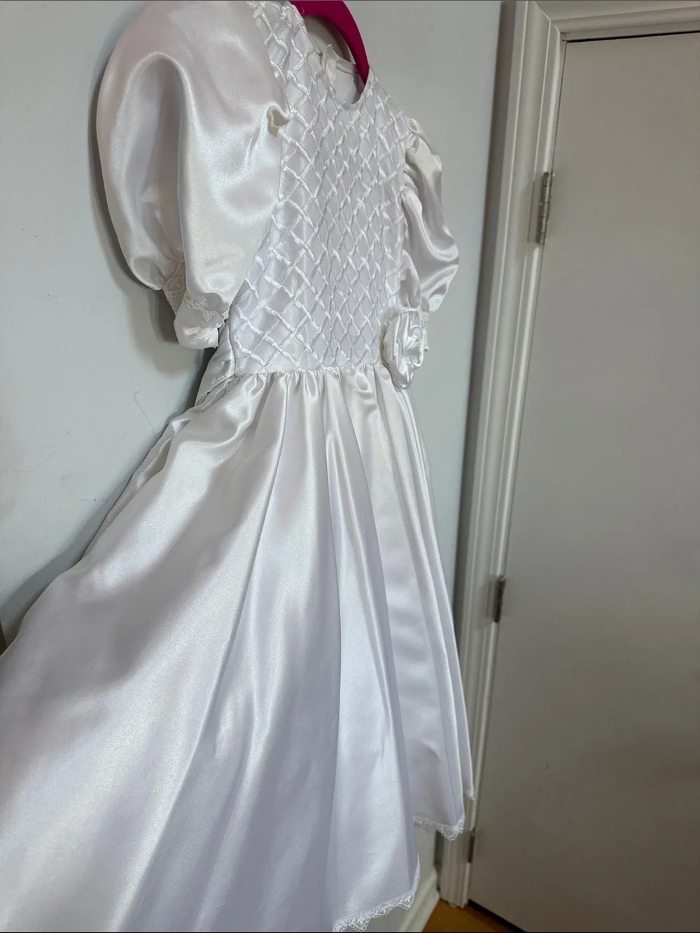 Ivory Satin Girls' Party Dress with Puff Sleeves
